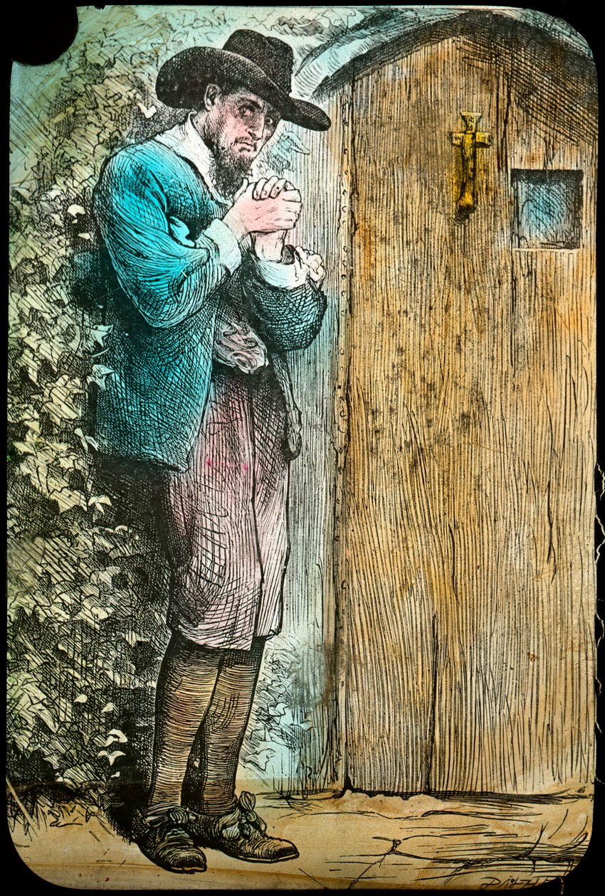 Mr Fearing at the gate, fra The Pilgrims Progress, slutningen af det 19. eller begyndelsen af det 20. århundrede af Unbekannt