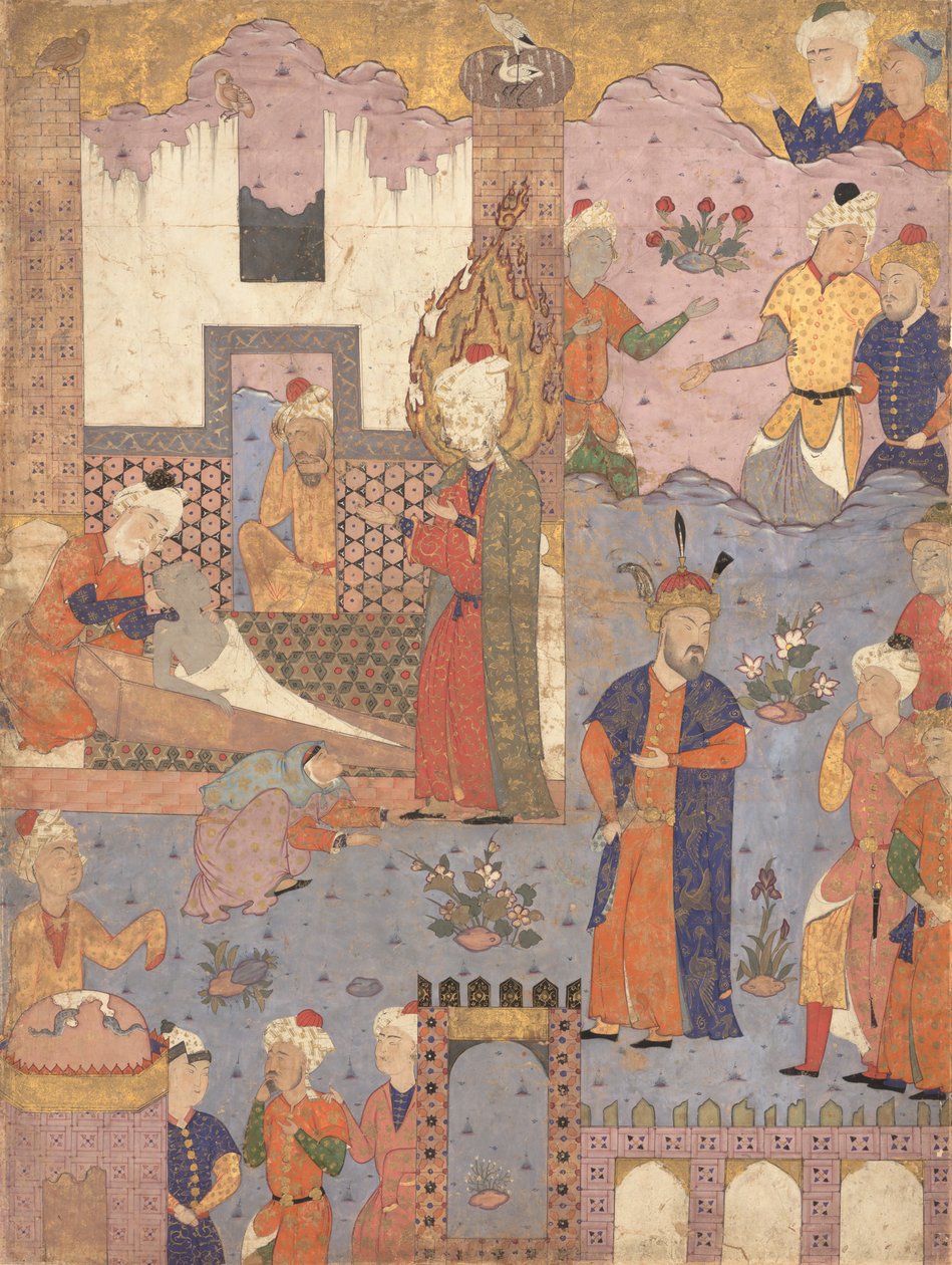 Muhammad genopliver den syge dreng, folio fra en Falnama-bog om varsler fra Ja