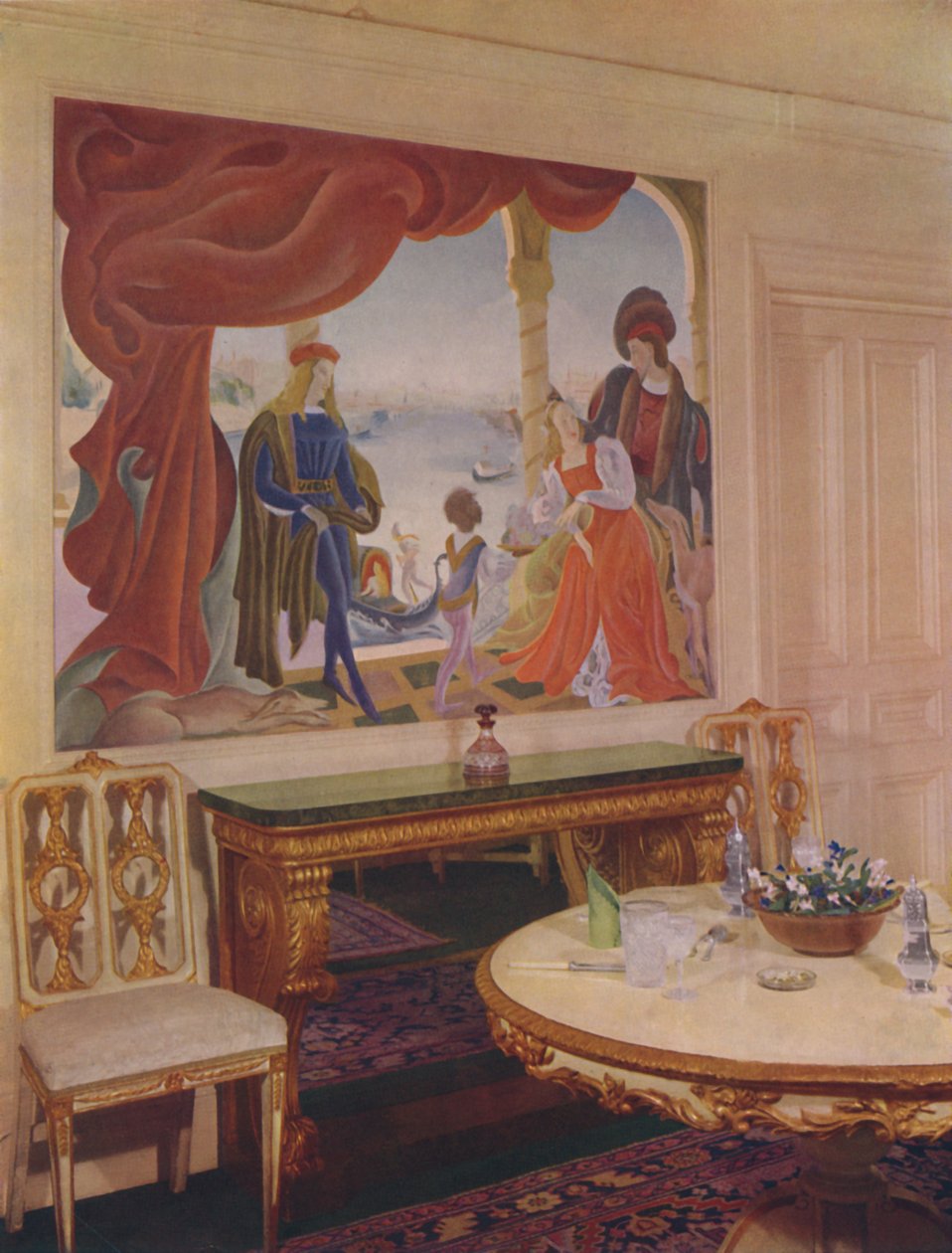 Vægmaleri af Beatrice MacDermott, der viser en venetiansk scene, og indrammet i en af spisestuens ruder af Unbekannt