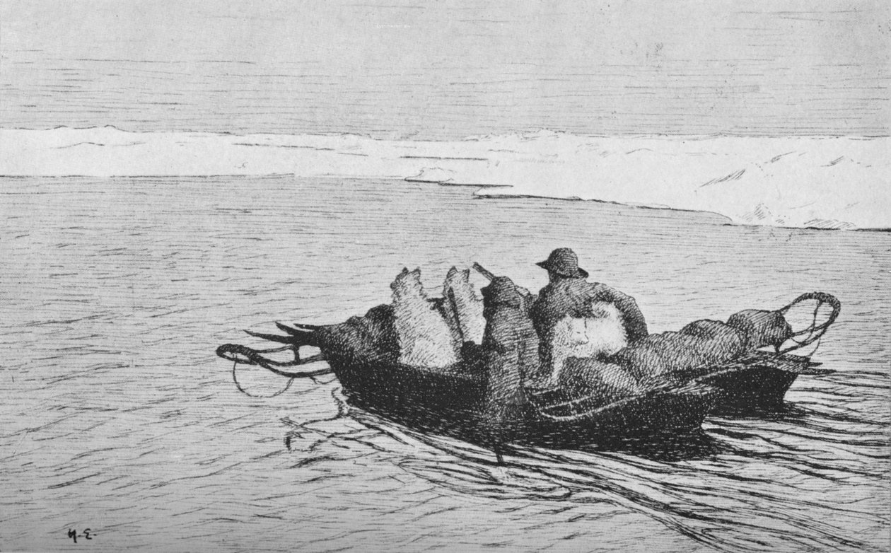 Nansen og Johansen krydser en revne i isen, 1896, 1928 af Unbekannt