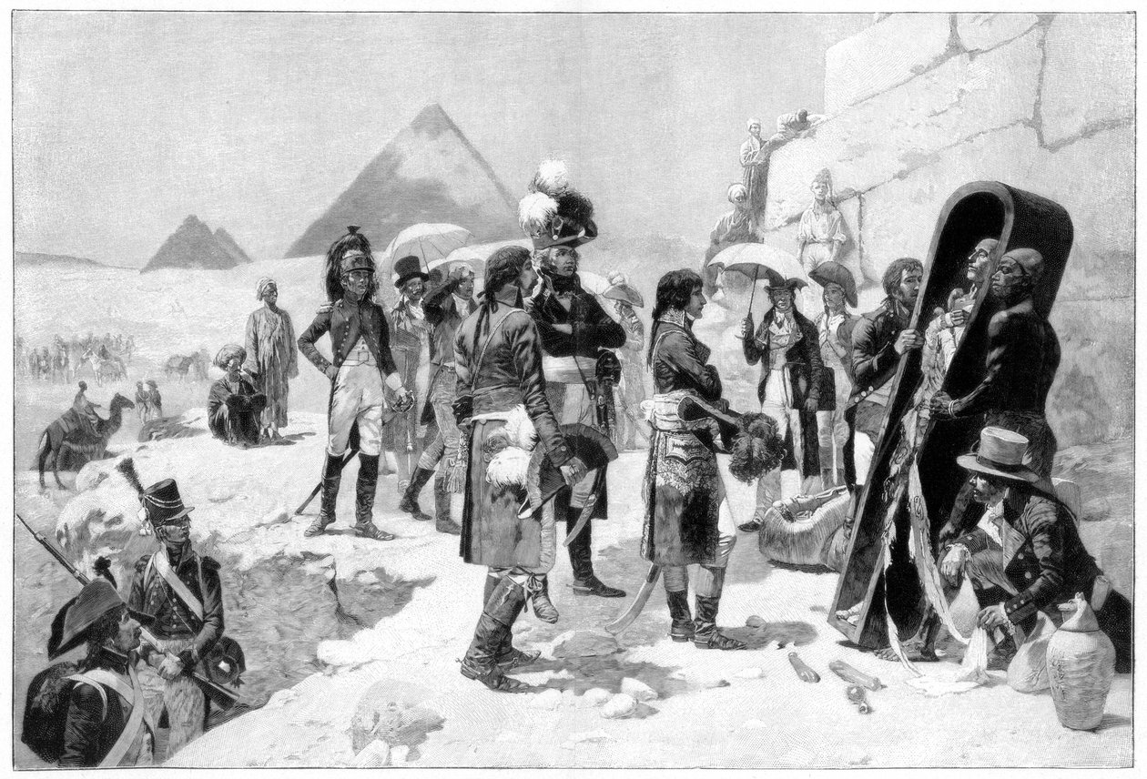 Napoleon Bonaparte inspicerer en mumie ved pyramiderne, 1801 1900 af Unbekannt
