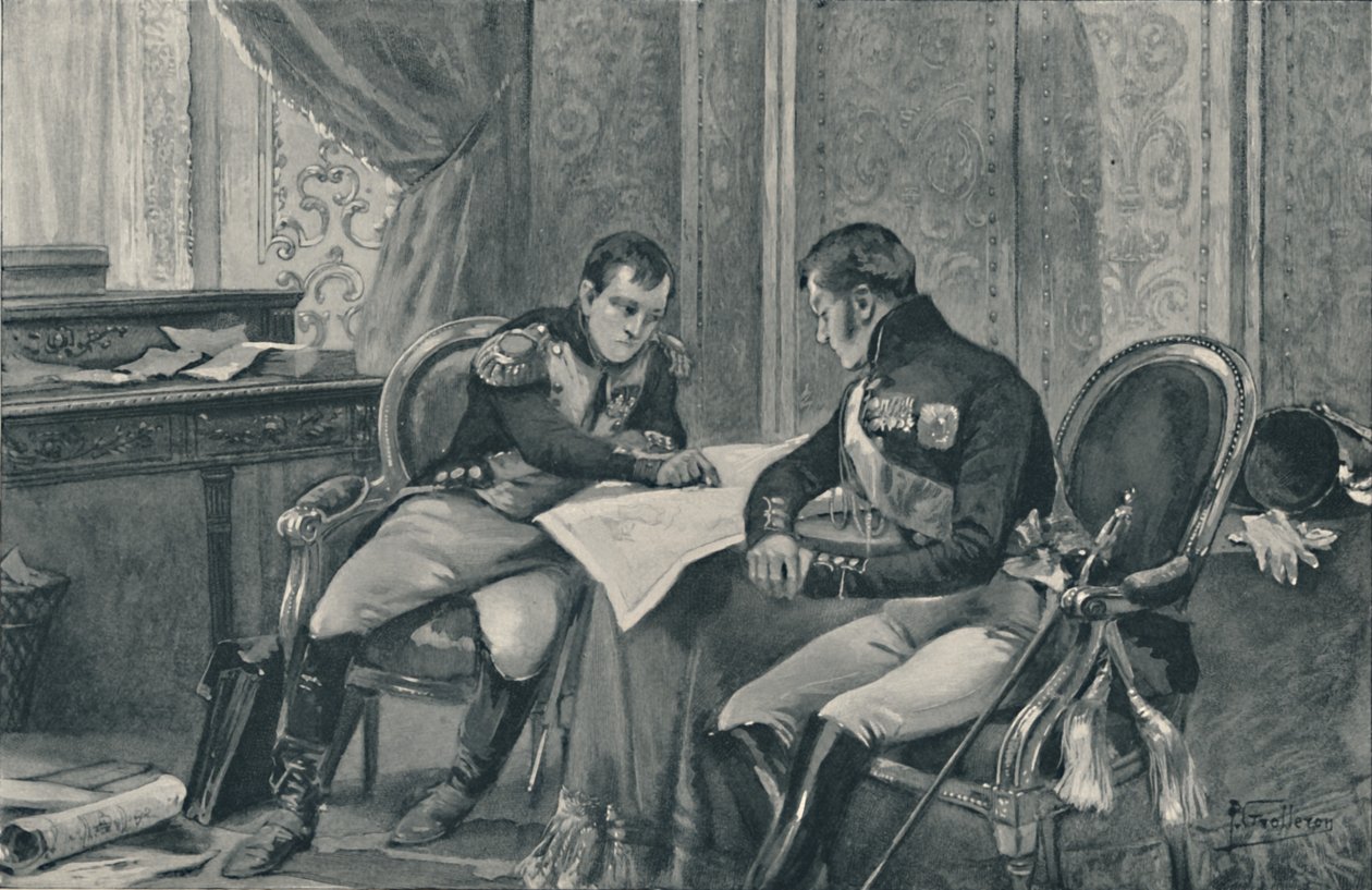 Napoleon og Alexander ved Tilsit studerer Europa-kortet, 1807, 1896 af Unbekannt