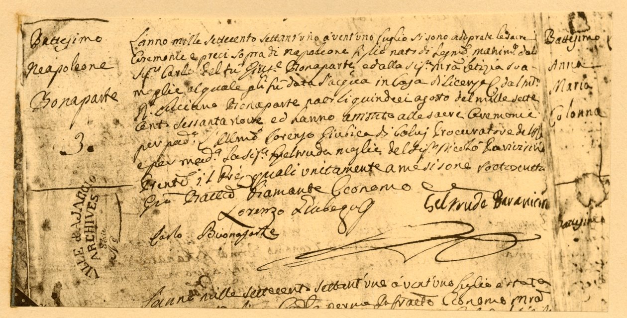 Napoleons fødselsattest, 19. juli 1782, 1921. af Unbekannt