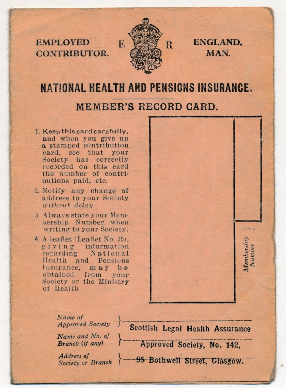 National Health and Pensions Insurance Card: Members Record Card, c1930