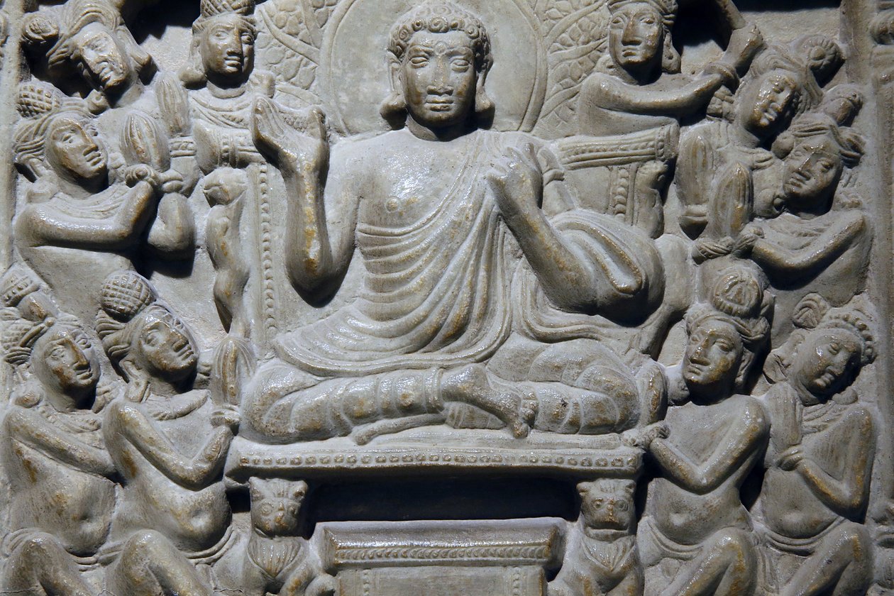 Indiens nationalmuseum, Delhi. Ayaga-frise, der skildrer scener fra Buddhas liv og fra Jakatas. Ikshvaku, 3. århundrede e.Kr. Nagarjunakonda, Andhra Pradesh. Grålig kalksten. Detalje. Indien. af Unbekannt