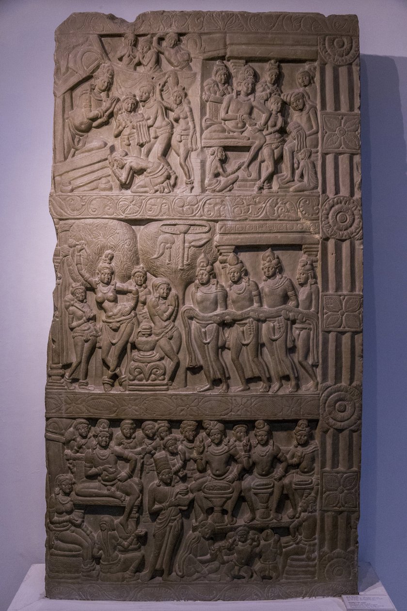 Indiens nationalmuseum, Delhi. Buddhas livsscener. Ikshvaku, 3. århundrede e.Kr. Nagarjunakonda, Andhra Pradesh. Grålig kalksten. Detalje. Indien. af Unbekannt