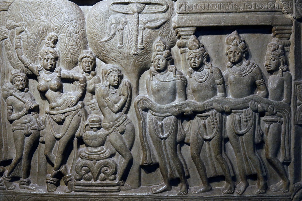 Indiens nationalmuseum, Delhi. Buddhas livsscener. Ikshvaku, 3. århundrede e.Kr. Nagarjunakonda, Andhra Pradesh. Grålig kalksten. Detalje. Indien. af Unbekannt