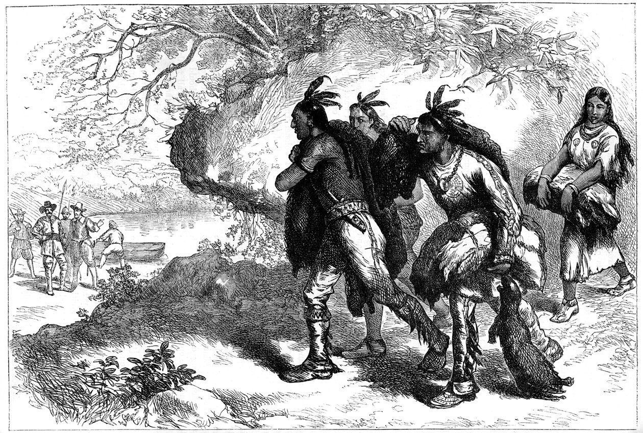 Indfødte amerikanere bringer bæverskind til europæiske handlende, 1600-tallet c1880 af Unbekannt