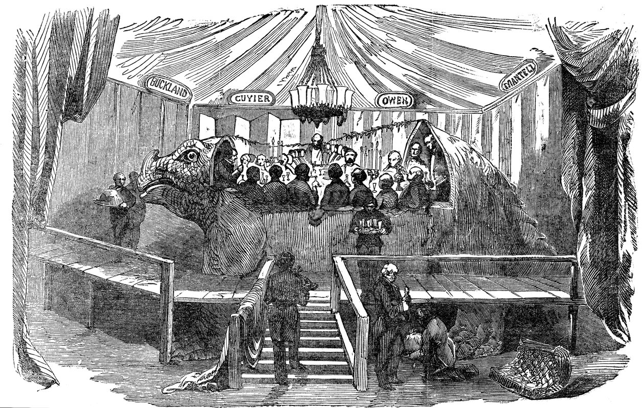 Naturforskere, der spiser inde i en model af en dinosaur, Crystal Palace, Sydenham, nytårsaften, 1853 af Unbekannt