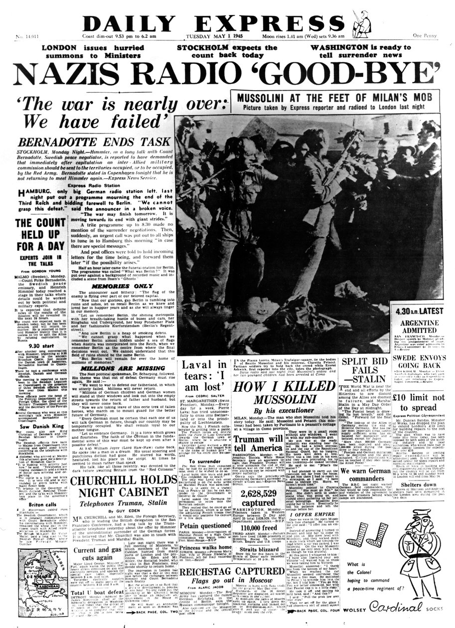 Nazis Radio Farvel, forside af Daily Express, 1. maj 1945 af Unbekannt