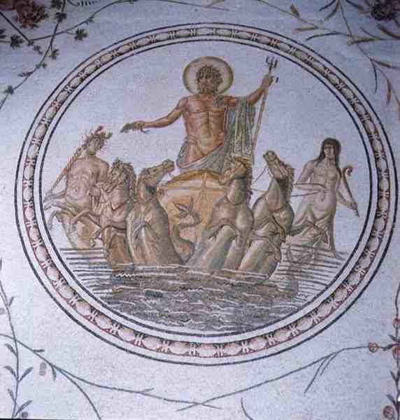 Neptun på sin vogn, med Hippocampi og Tritons (mosaik) af Unbekannt