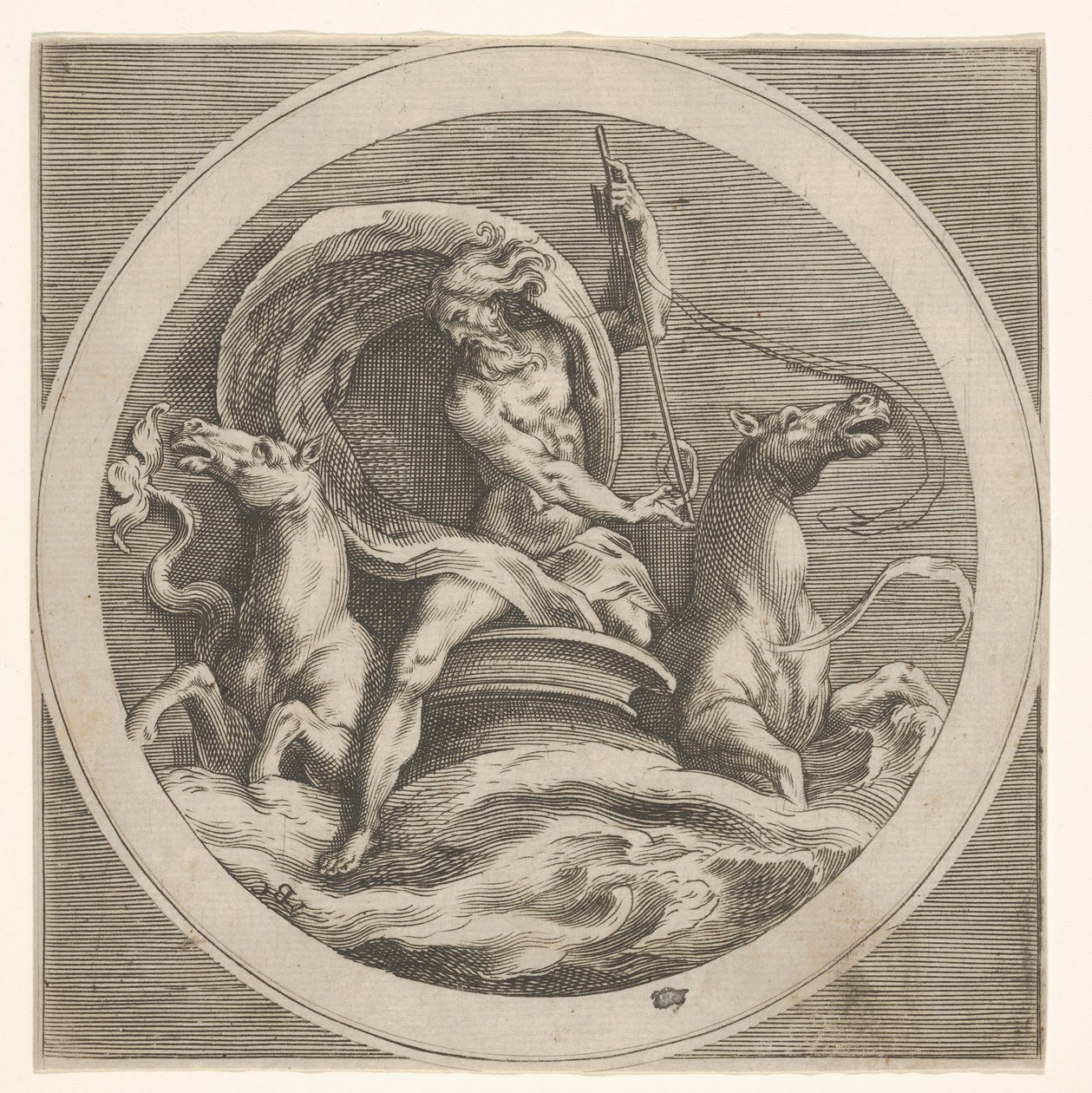 Neptun stiger op af havet og bærer en stav, ledsaget af to hestehovedet ..., ca. 1550-1600. af Unbekannt