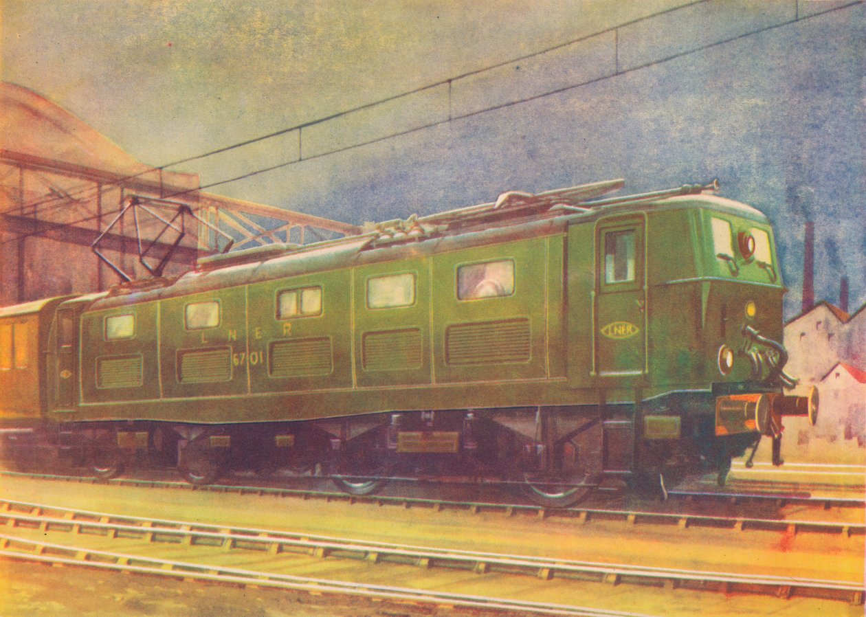 Nyt elektrisk lokomotiv, L.N.E.R., der forlader Manchester London Road Station, 1940 af Unbekannt