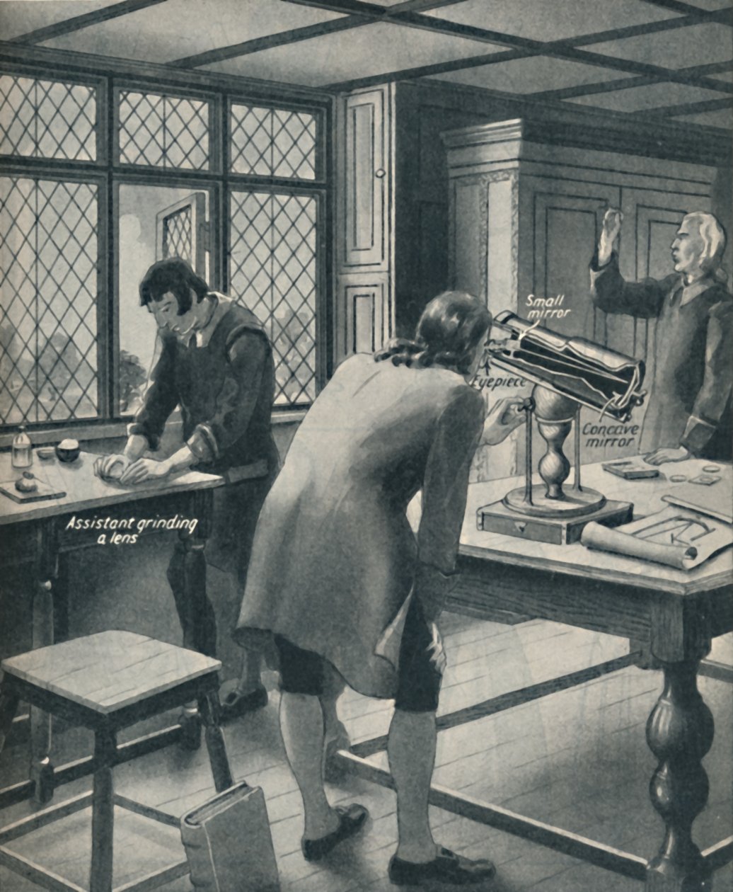 Newton opfinder et nyt teleskop, c1934 af Unbekannt