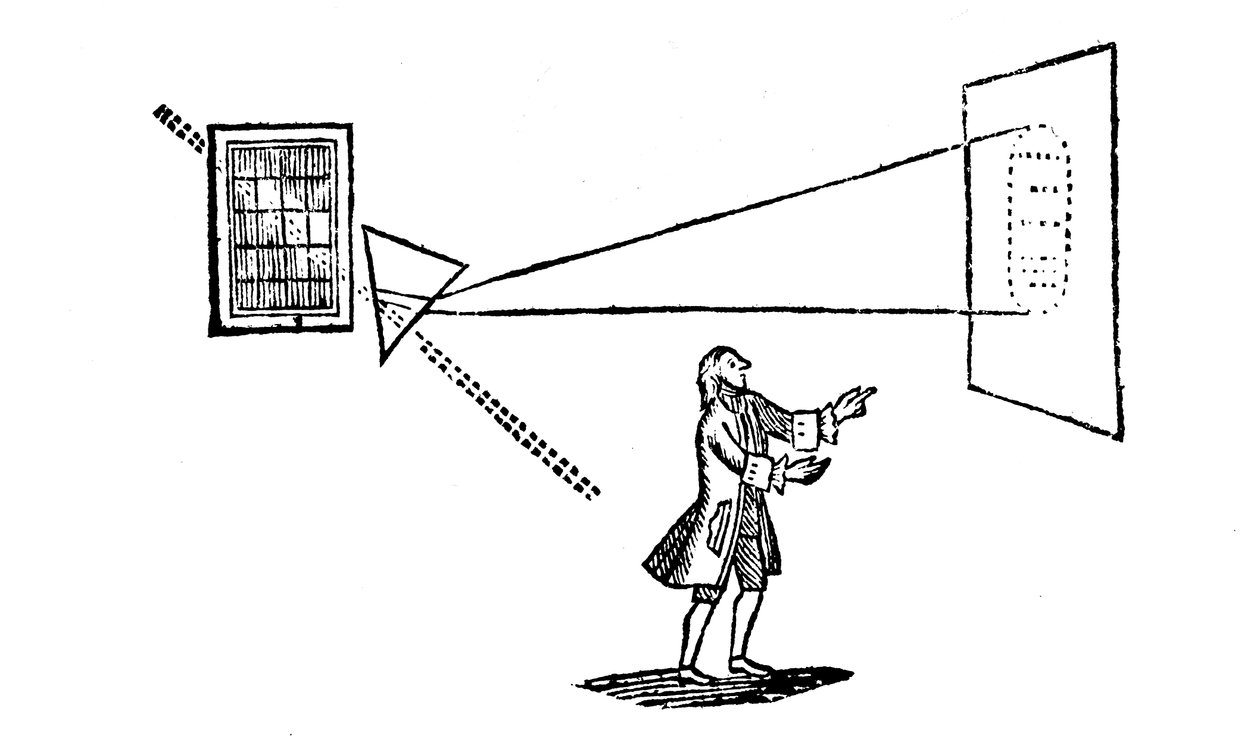 Newtons eksperimenter med at opdele hvidt lys i spektrets farver med et prisme, 1757 af Unbekannt