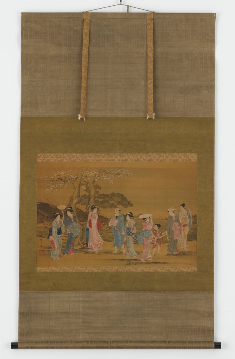 Ni mennesker ude for at se Cherry Blossoms, Edo Period, 1615-1868. af Unbekannt