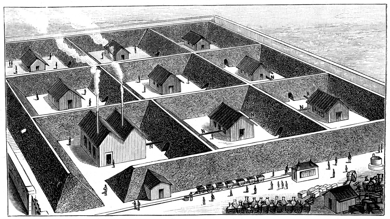 Nitroglycerinbehandlingsanlæg, sprængstoffabrik, Val Bormida, nær Cengio, Italien, 1888 af Unbekannt