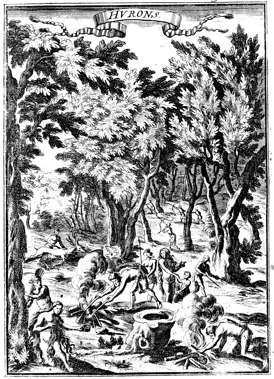 Nordamerikanske Huron-indianere på jagt og tilberedning af mad i skov, 1686 af Unbekannt