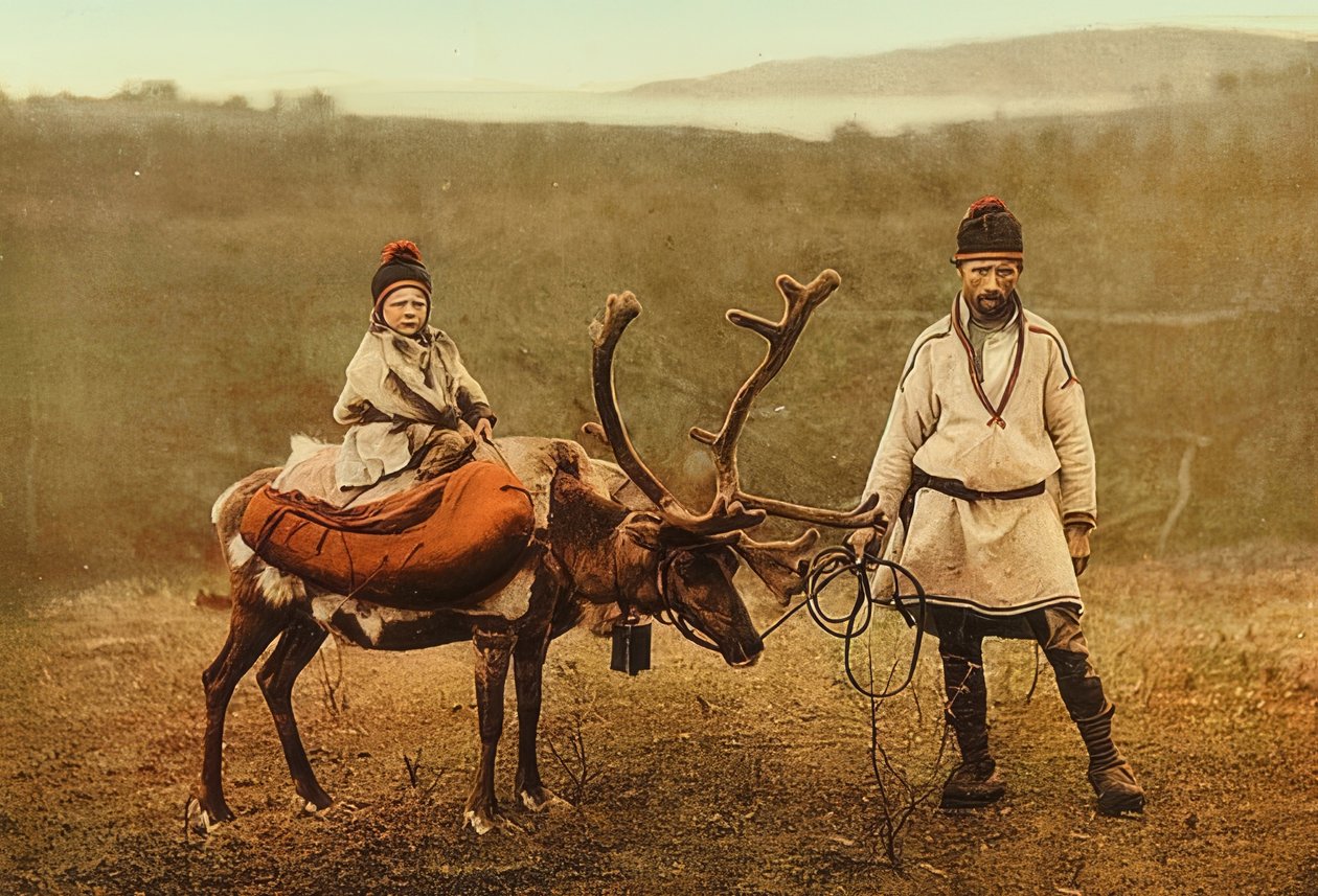 Norge. Rag (frø) med et rensdyr. Omkring 1900. Fotokrom. Fotografering af Photoglob / Zürich af Unbekannt