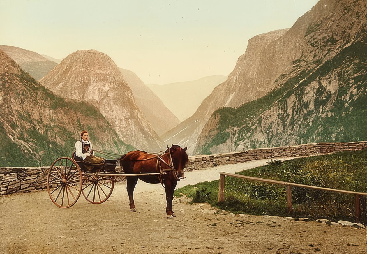 Norsk bondepige på hestevogn. Omkring 1900. Fotokrom. Fotografering af Photoglob / Zürich af Unbekannt