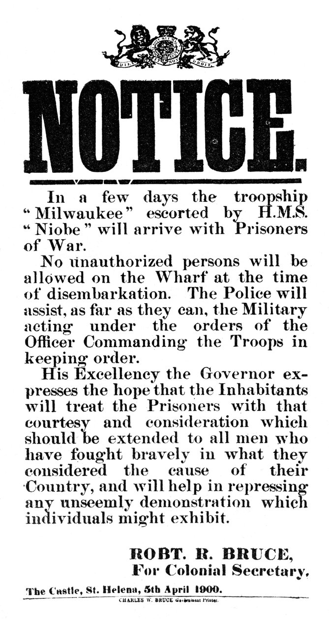 Meddelelse om ankomsten af boer krigsfanger til Milwaukee, St. Helena, 5. april 1900 af Unbekannt