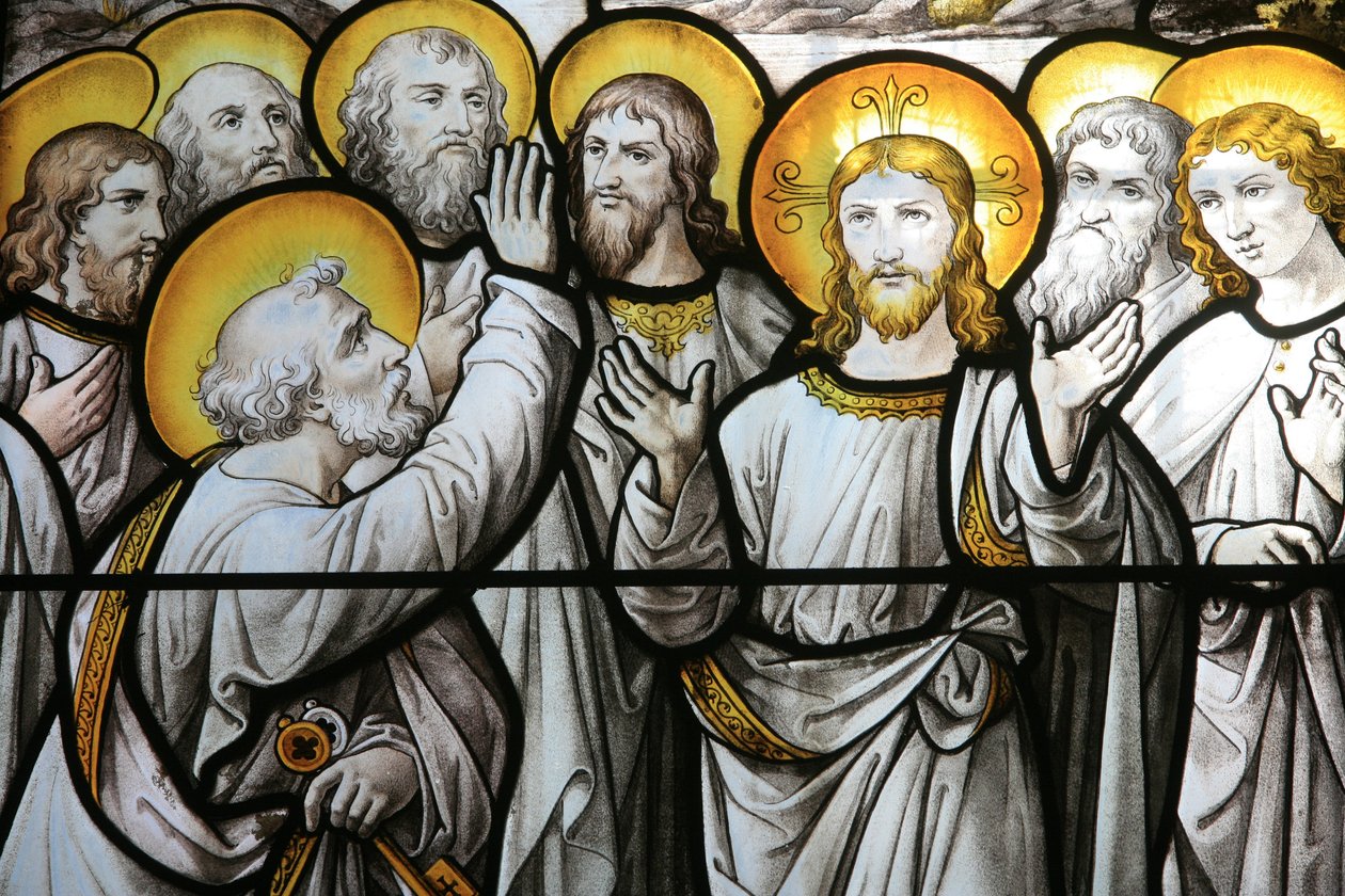 Notre Dame de Beaune kirkens farvede glasvindue: Sankt Peter protesterer over sin troskab mod Kristus Beaune Frankrig af Unbekannt
