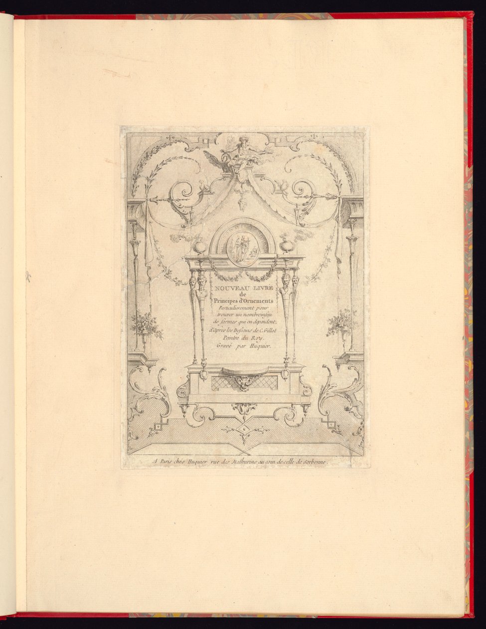 Ny bog med principper for ornamenter især for at finde et uendeligt antal former, der afhænger, ifølge tegningerne af Gillot. Maler af Roy, graveret af Huquier; titel side af Unbekannt