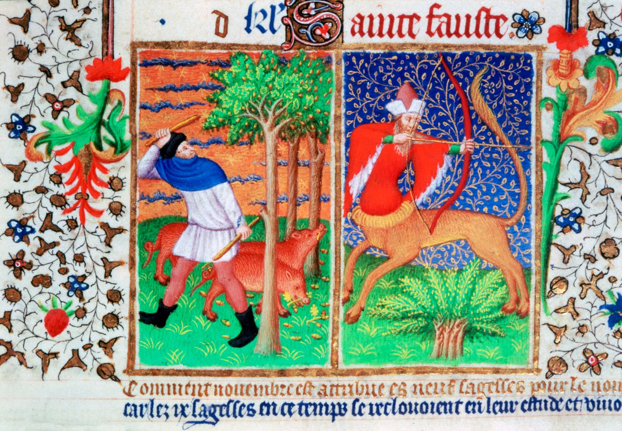 November: fodring af grise og Skytten, c1423 af Unbekannt