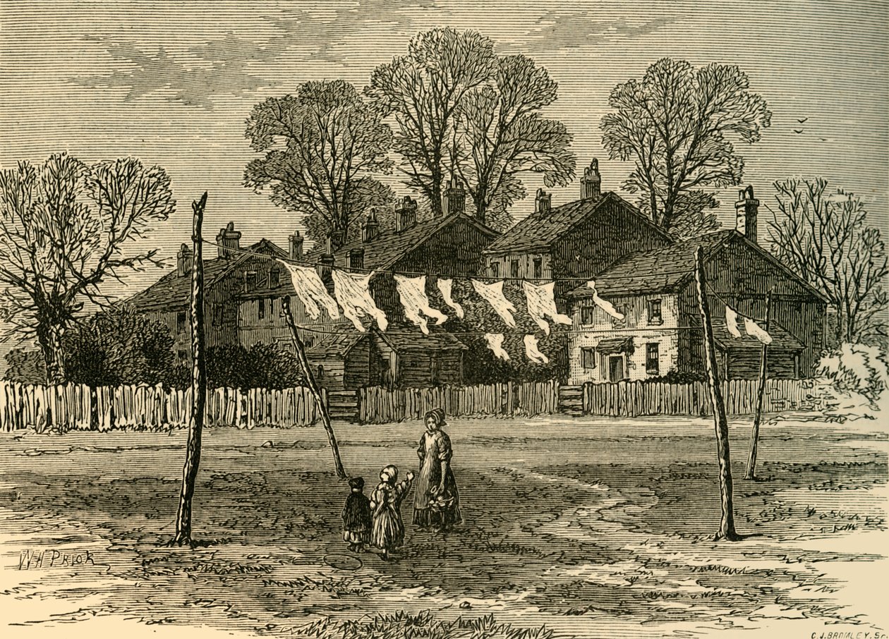 Gamle hytter på bagerste fællesareal, c1878. af Unbekannt