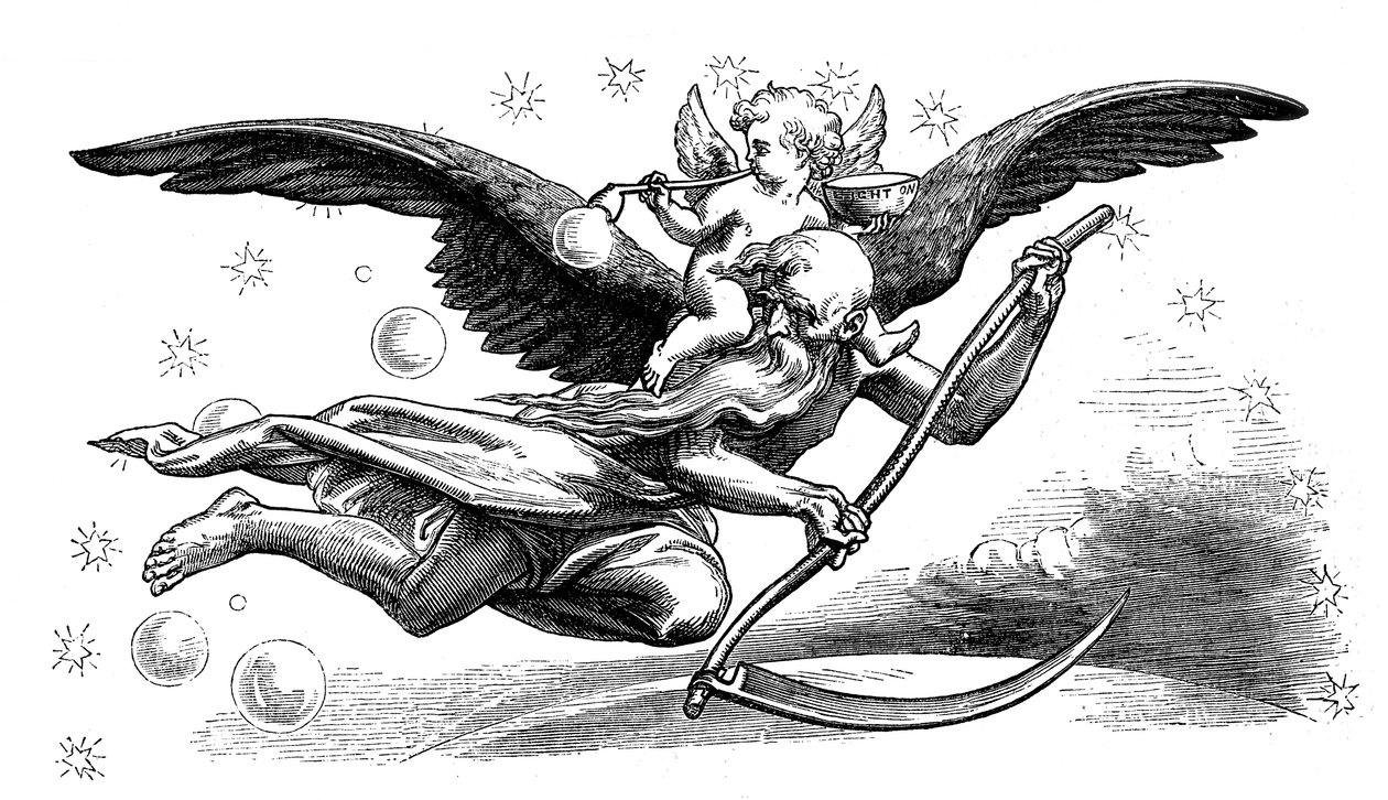 Old Father Time med sin le, bærende i det nye år, 1870 af Unbekannt