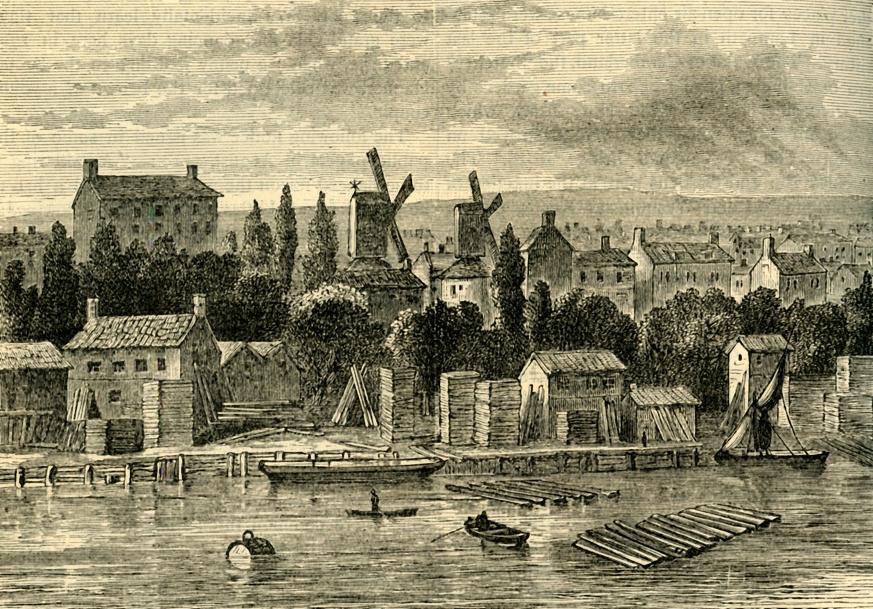 Gamle vindmøller ved Lambeth, omkring 1750, c1878. af Unbekannt
