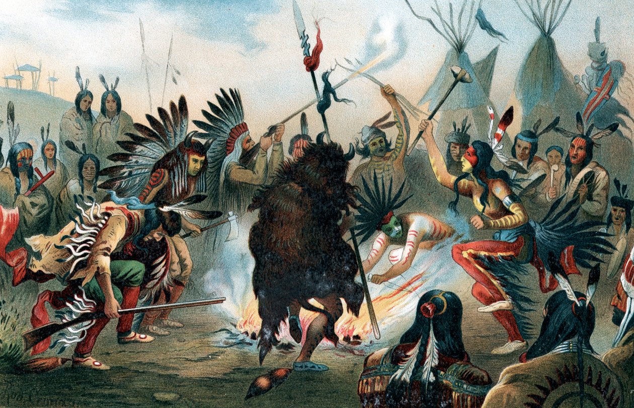 Oleografi af en Sioux-krigsdans, c1890 af Unbekannt