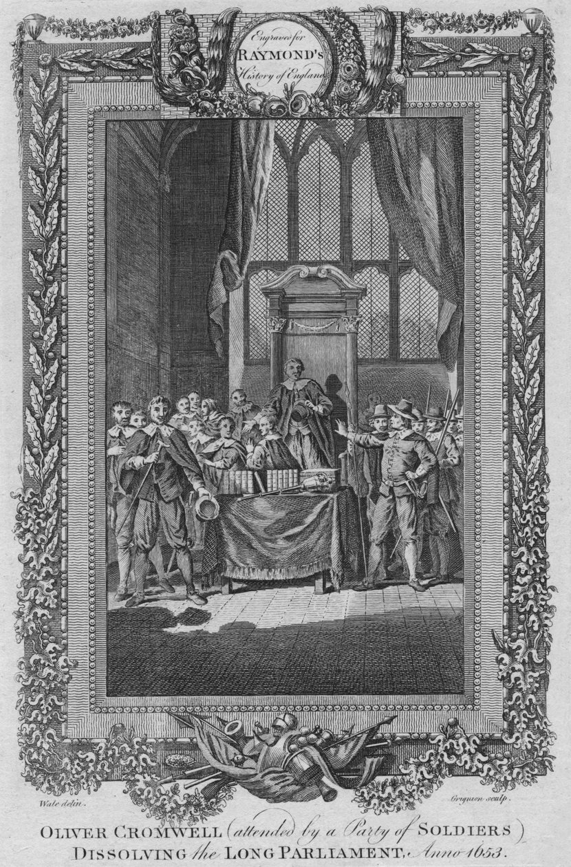 Oliver Cromwell deltog i en by af soldater, der opløste det lange parlament. Anno 1653, c1787 af Unbekannt