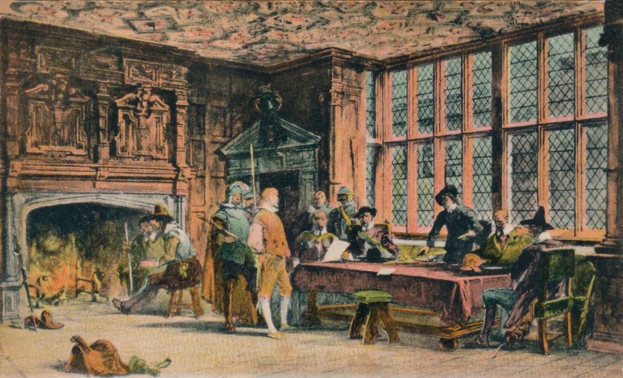 Oliver Cromwell forsøger en fange under forsvaret af Banbury. The Globe Room of Ye Olde Reine Dee af Unbekannt