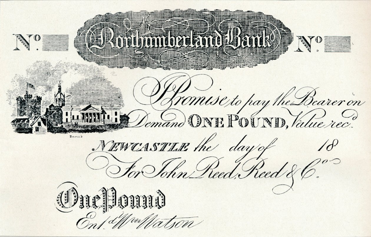 One Pound Note Executed for Northumberland Bank, c1820 af Unbekannt