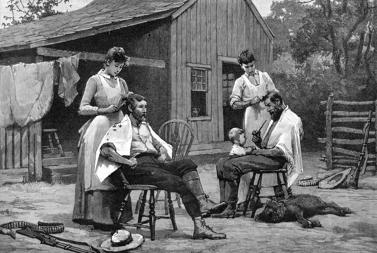 En af en dames pligter - Hair Cutting En Famille, 1889 af Unbekannt