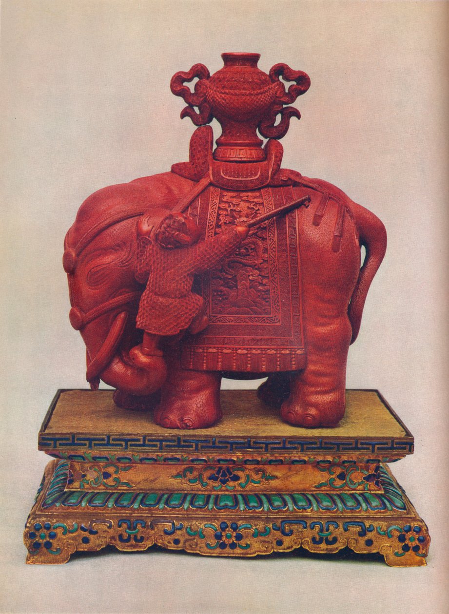 En af et par udskårne rødlak-elefanter, kinesisk, Qianlong-periode, c1765 af Unbekannt