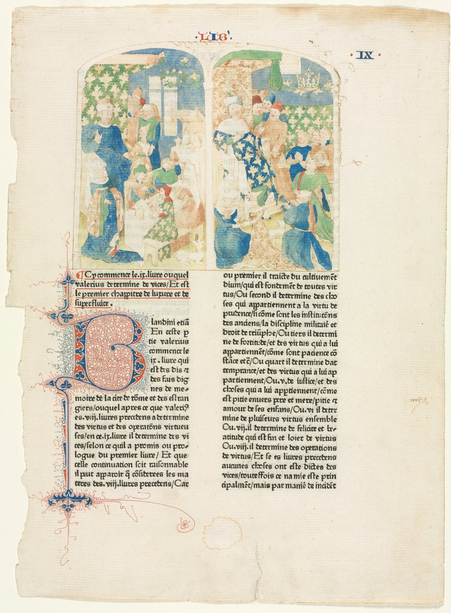 Indledende side af bog IX af Valerius Maximuss 1476 af Unbekannt
