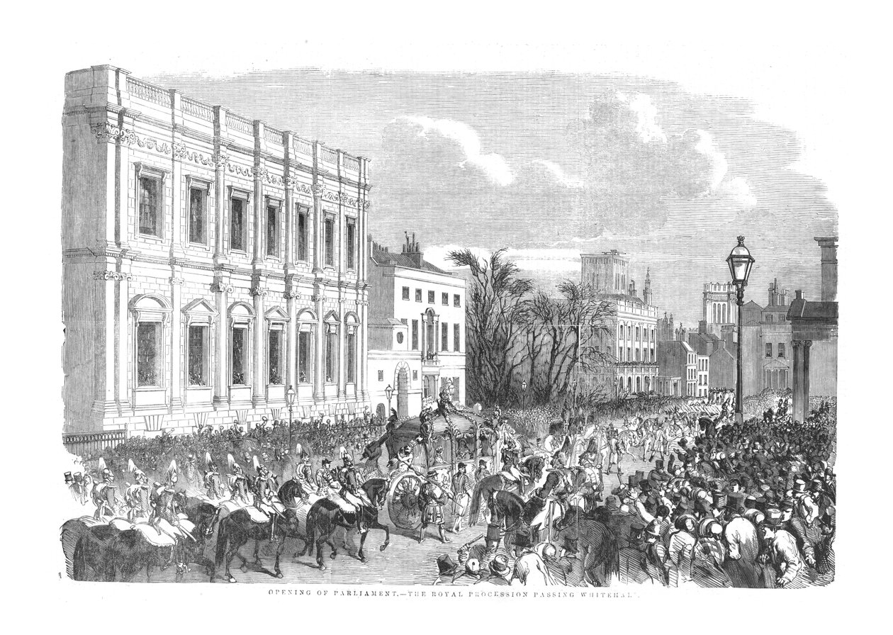 Åbning af parlamentet - The Royal Procession Passing Whitehall., 1854 af Unbekannt