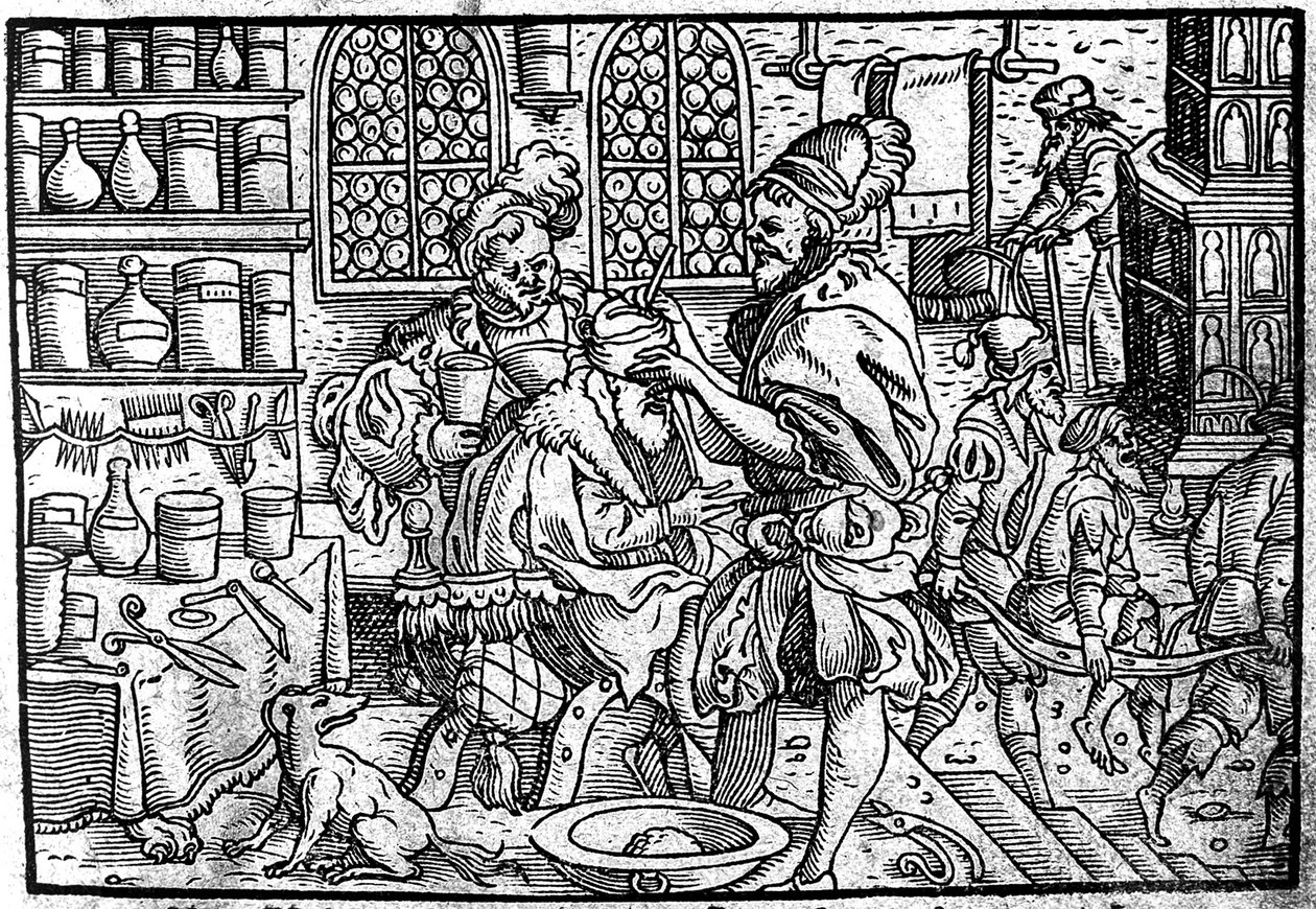 Operation på en mands hoved. Fra: Den store sårmedicin af Theophrastus Bombastus von Hohenheim, 1562 af Unbekannt