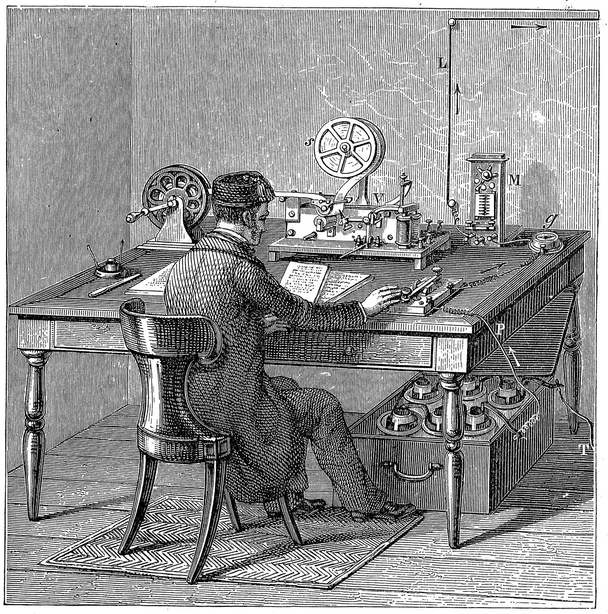 Operatør sender en besked på en Morse elektrisk tryktelegraf, 1887 af Unbekannt