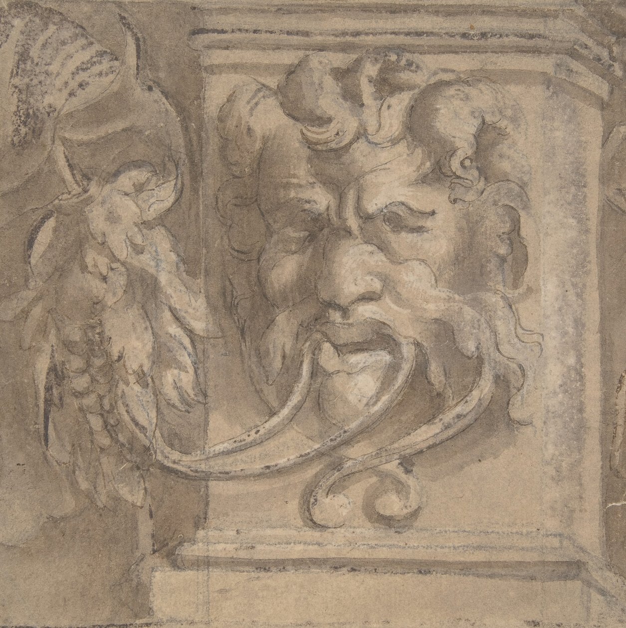 Ornamental design med maske i antik stil, 1550-1600. af Unbekannt