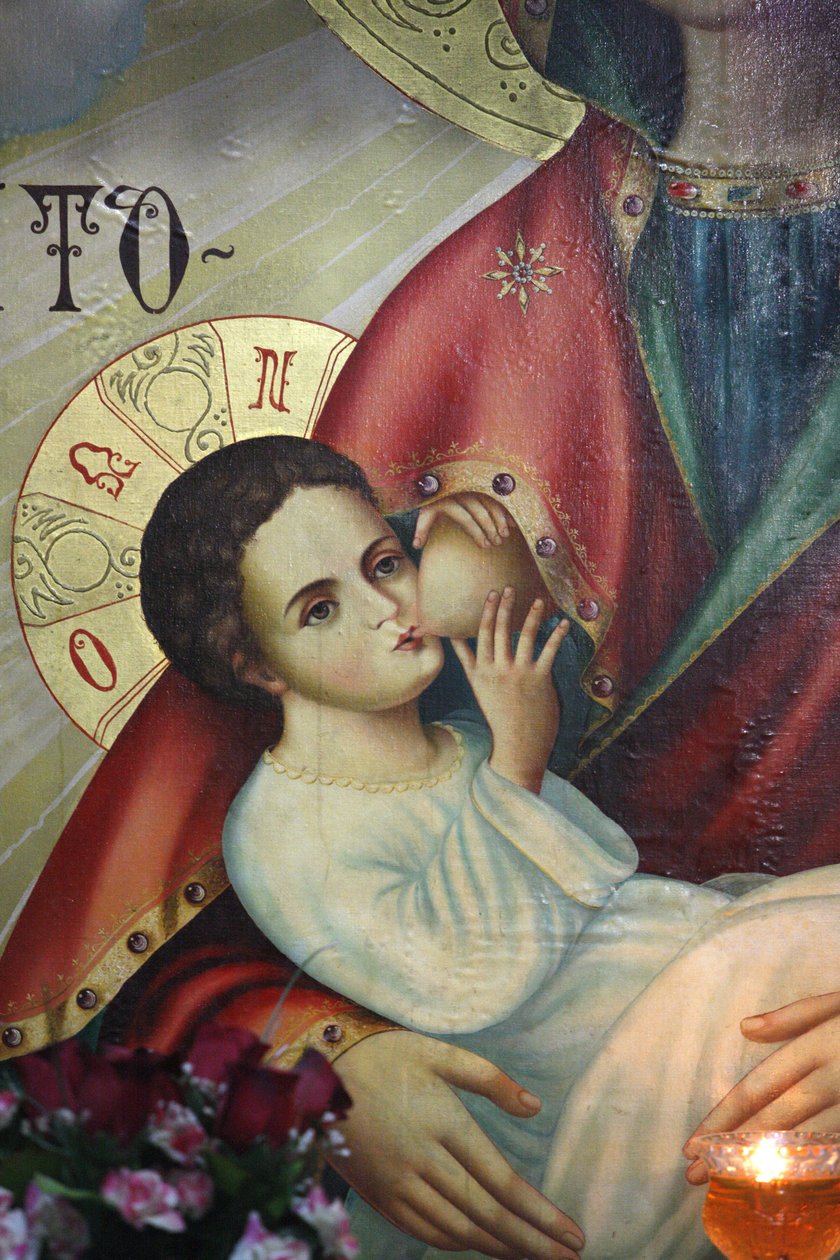 Ortodoks ikon i Saint Gerasimos klosterkirke: Jesus ammet af sin mor, Israel af Unbekannt