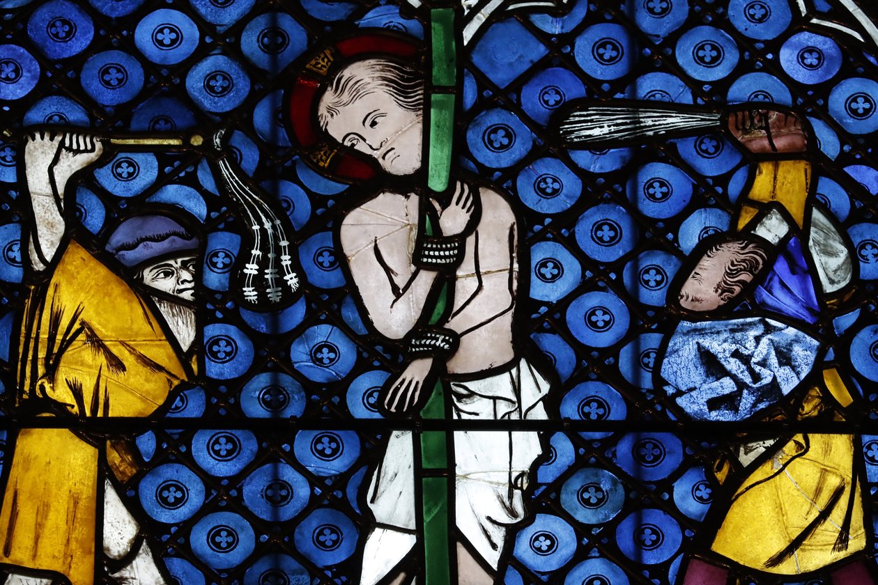 Vor Frue af Strasbourg-katedralen. Glasmosaik vindue. Kristus i sin lidenskab. Flagelleringen. 14. århundrede. Strasbourg. Frankrig. af Unbekannt
