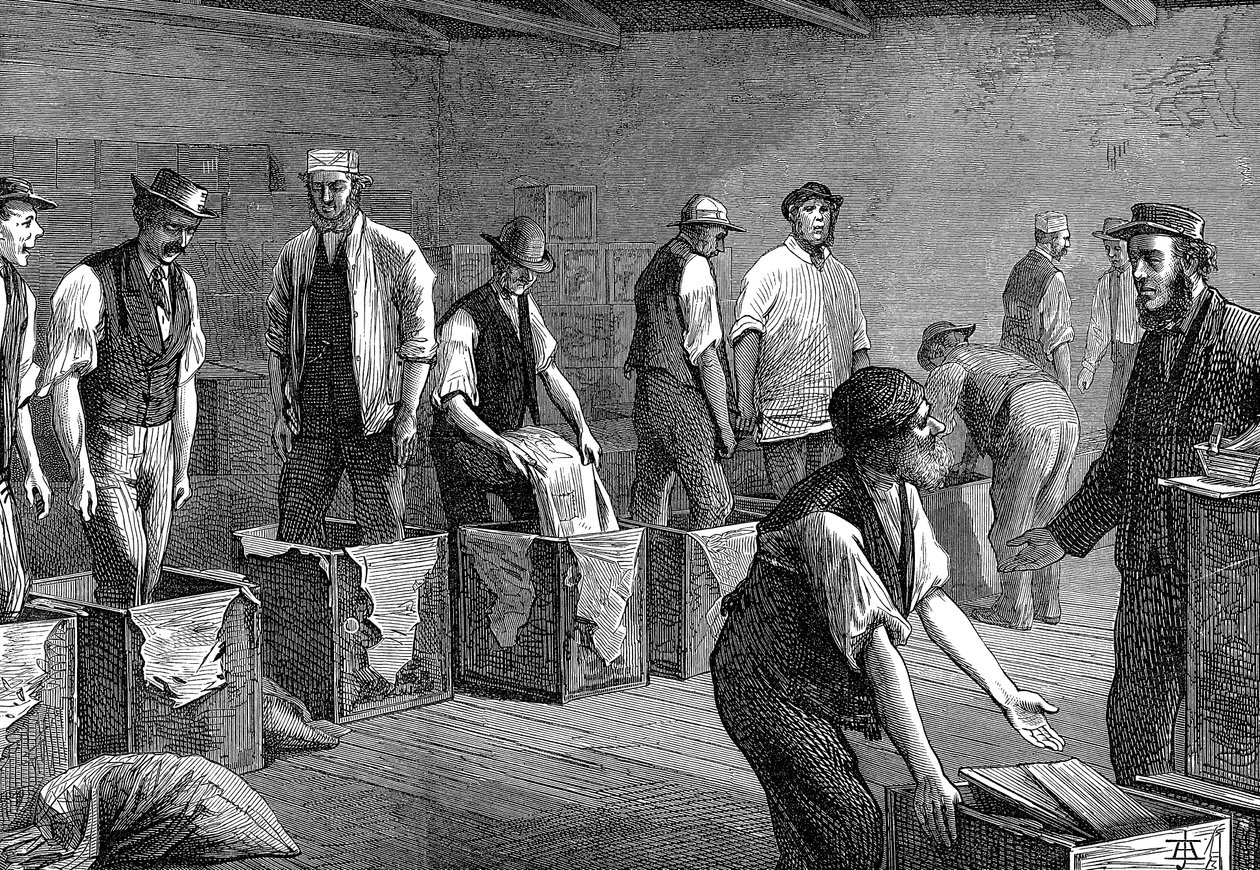Pakker te i varehusene hos East & West India Dock Company, London, 1874 af Unbekannt