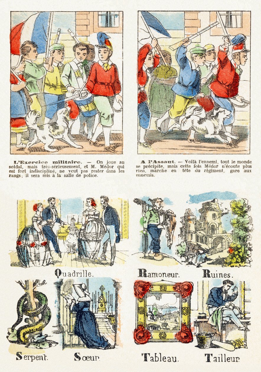Side 7 - børns spil: militærøvelse, På angrebet - Alfabet - Børneunderholdning - Epinale billeder, populær serie, omkring 1890 af Unbekannt