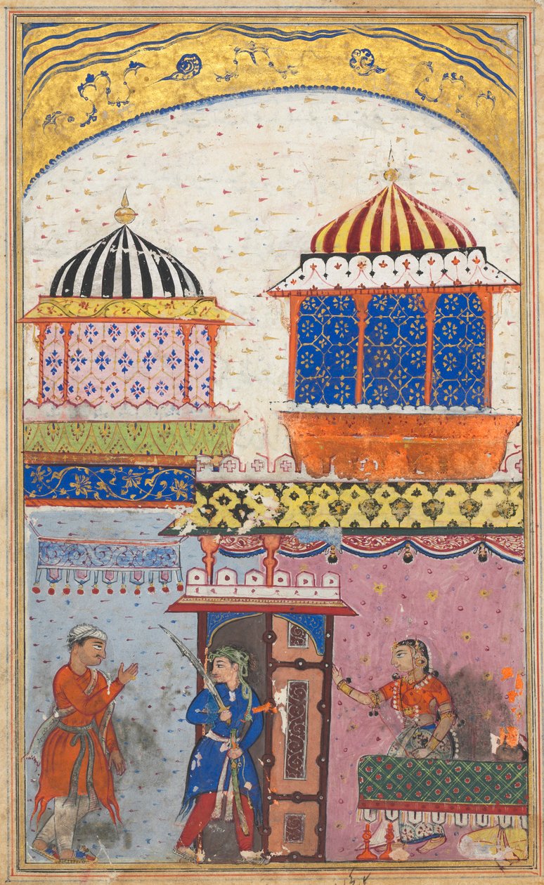 Side fra Tales of a Parrot Tuti-nama: Ottende nat: En kvinde beder sin elsker om at forlade..., ca. 1560. af Unbekannt