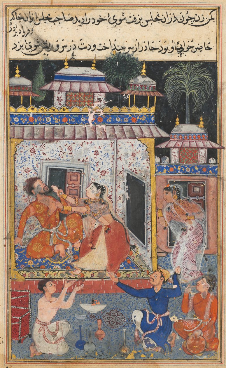 Side fra Tales of a Parrot Tuti-nama: Ottende nat: Den bedrageriske kone overfalder, ca. 1560. af Unbekannt