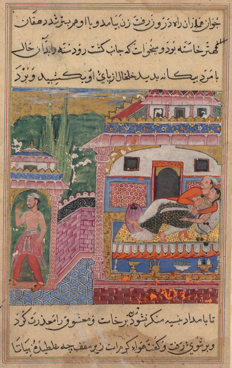 Side fra Tales of a Parrot Tuti-nama: Ottende nat: Den bedrageriske kone overtaler..., 1558-1560. af Unbekannt