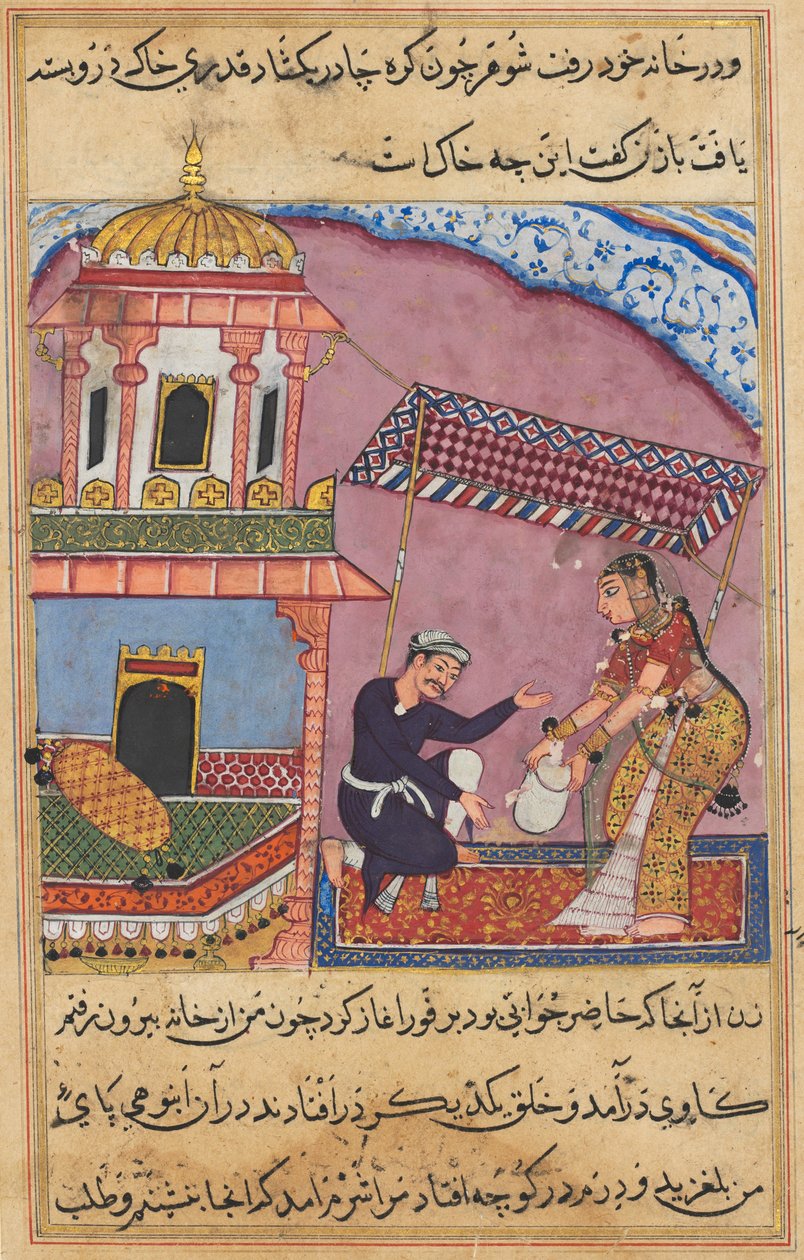 Side fra Tales of a Parrot Tuti-nama: Ottende nat: Manden udskælder sin kone..., ca. 1560. af Unbekannt